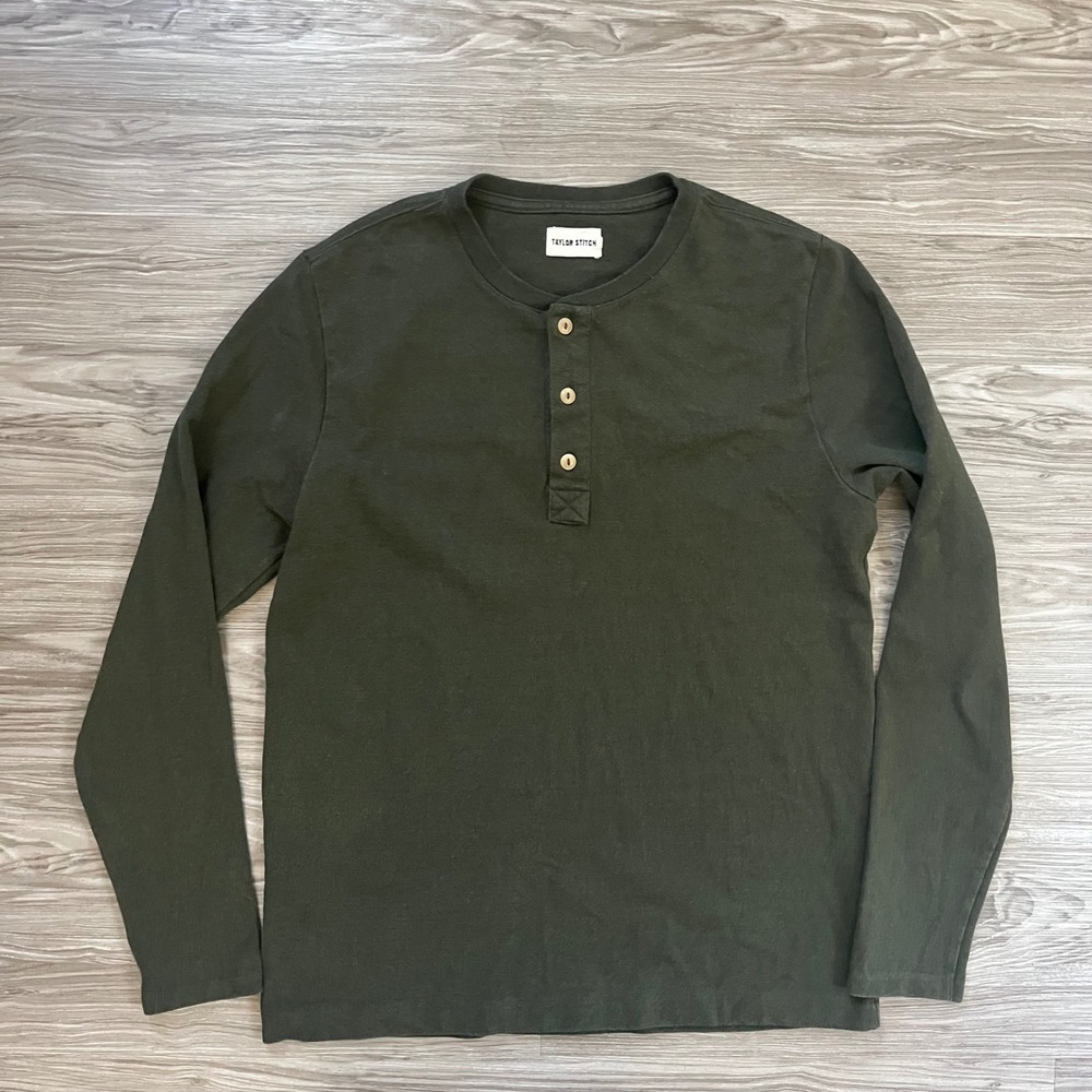 Taylor Stitch Heavy Bag Henley Mens 40 Medium Olive Green Long Sleeve Shirt 464
